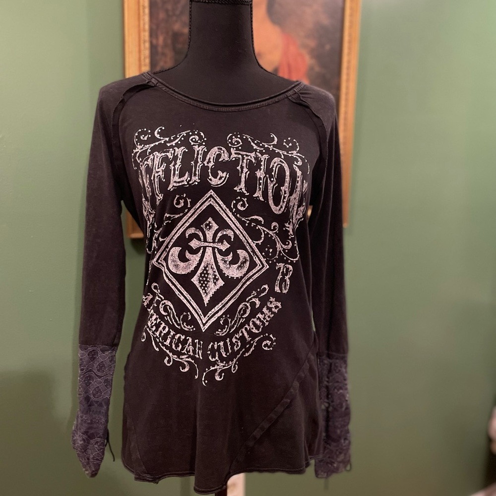 Affliction Ladies Woman's Shirt Size M Medium Lace Sleeves with tie TA-CL0047